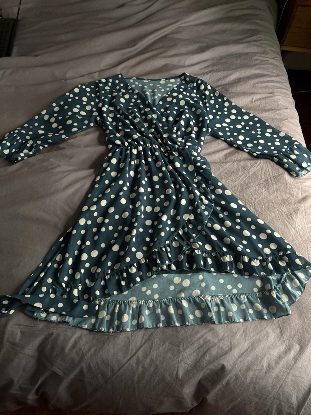 SHEIN Teal Polka Dot Wrap Mini Dress with Ruffle Hem